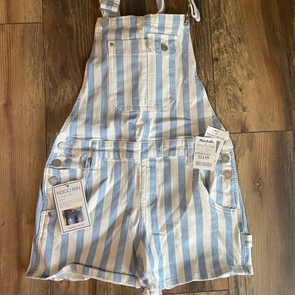 Women’s size 5 blue and white stripe denim shortalls.